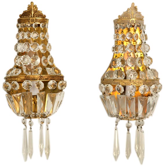 Pair Petite Brass and Crystal Sconces