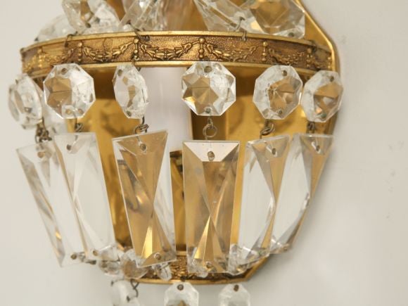 Pair Petite Brass and Crystal Sconces 1