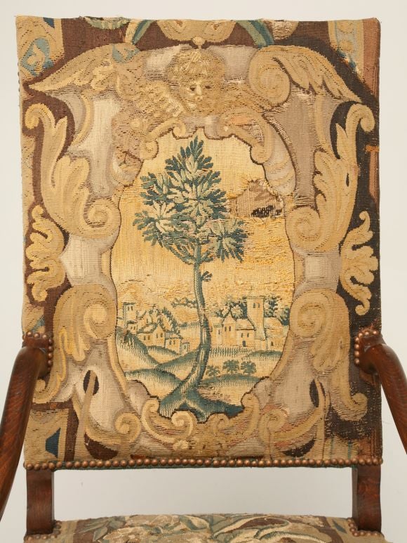 Louis XIII Style Throne Chair with c.1740 Aubusson Tapestry