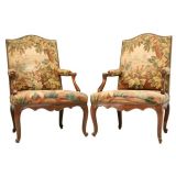 c.1750 Pair Louis XV Fauteuils w/ Aubusson Tapesrtry Upholstery