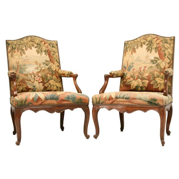 c.1750 Pair Louis XV Fauteuils w/ Aubusson Tapesrtry Upholstery