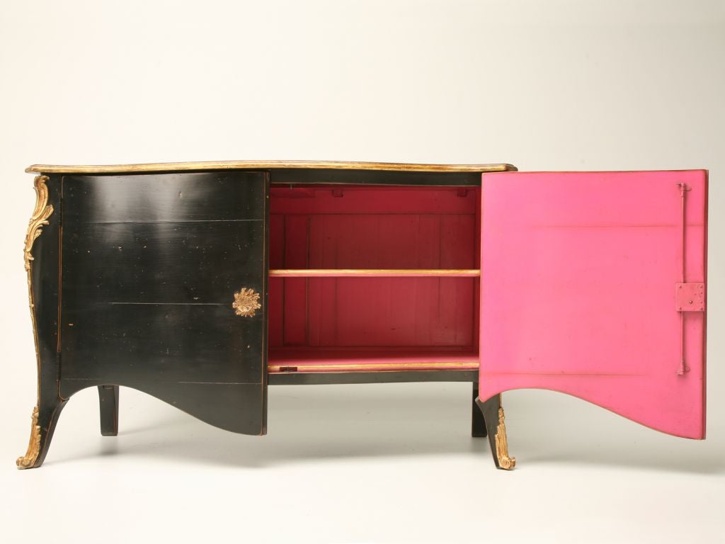French Handmade Black Lacquered Buffet w/ Hot Pink Interior