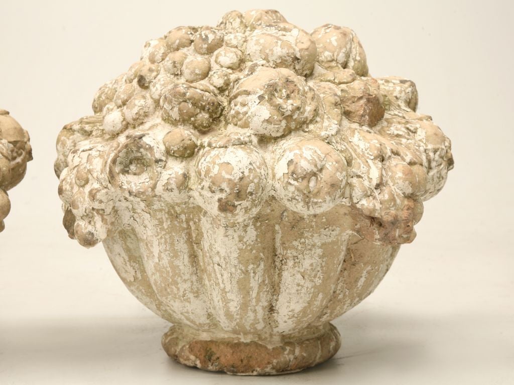 French c.1920-1930 Pair of Terra Cotta Fruit and Flower Basket Finials
