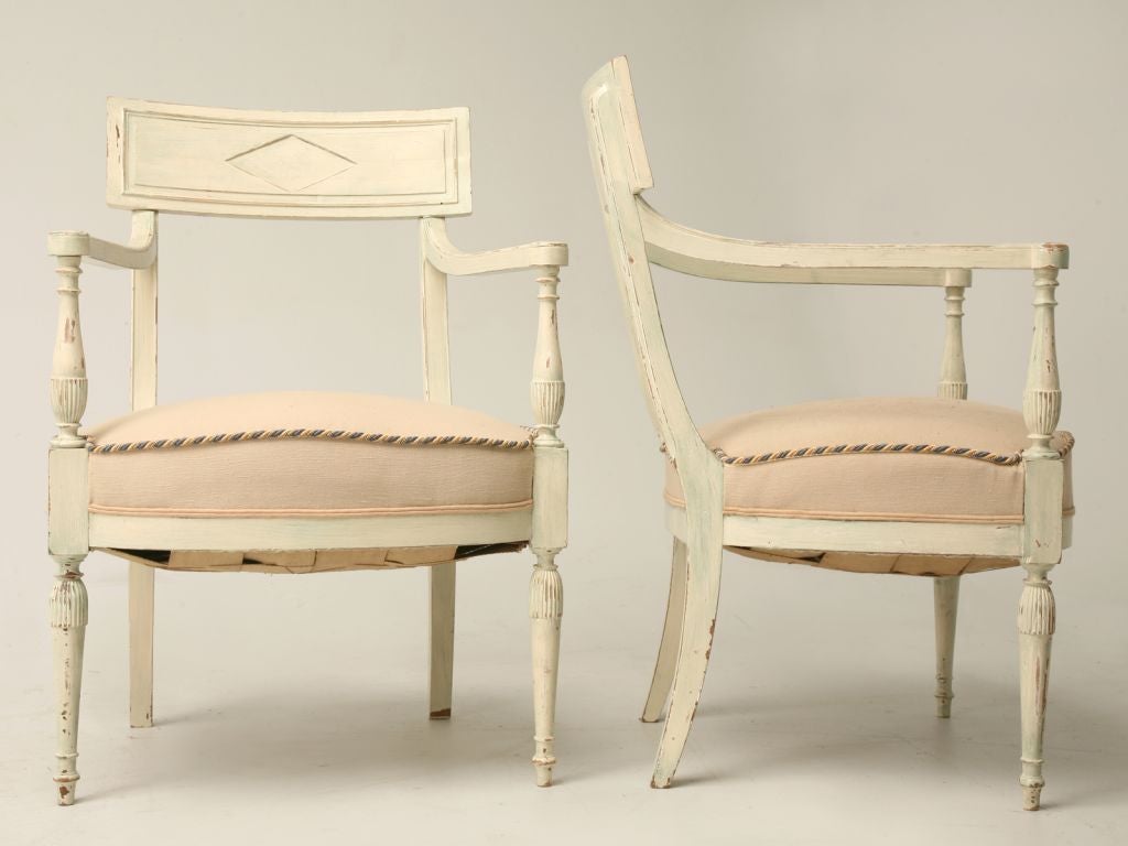 Hand-Crafted Antique Pair of French Directoire Style Arm Chairs in Light Celadon Green Paint For Sale