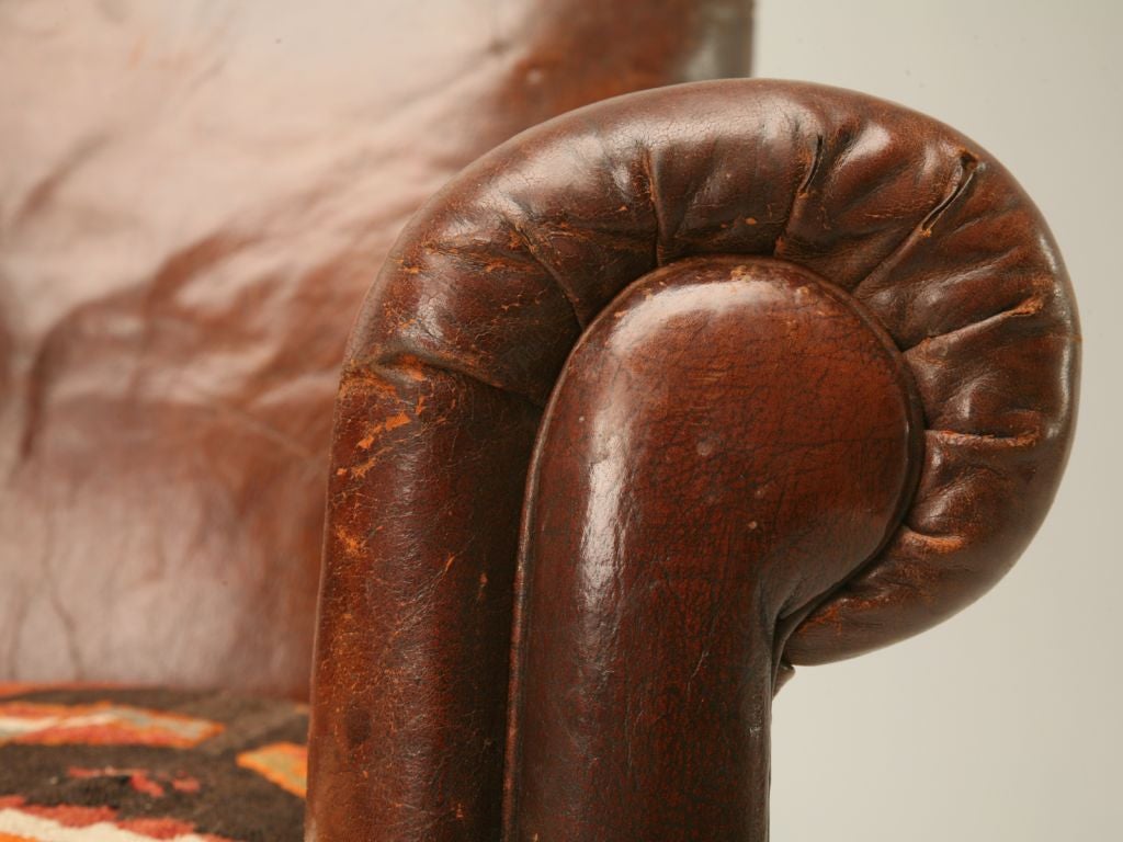 c.1930 English Leather Club Chair w/ Kilim Seat 2