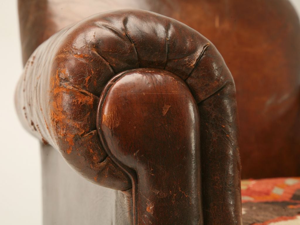 c.1930 English Leather Club Chair w/ Kilim Seat 3