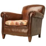c.1930 English Leather Club Chair w/ Kilim Seat