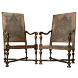 c.1680 Pair of Oak and Tooled Leather Armchairs