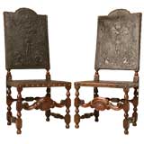 Antique c.1880 Pair of Spanish Walnut and Tooled Leather Side Chairs