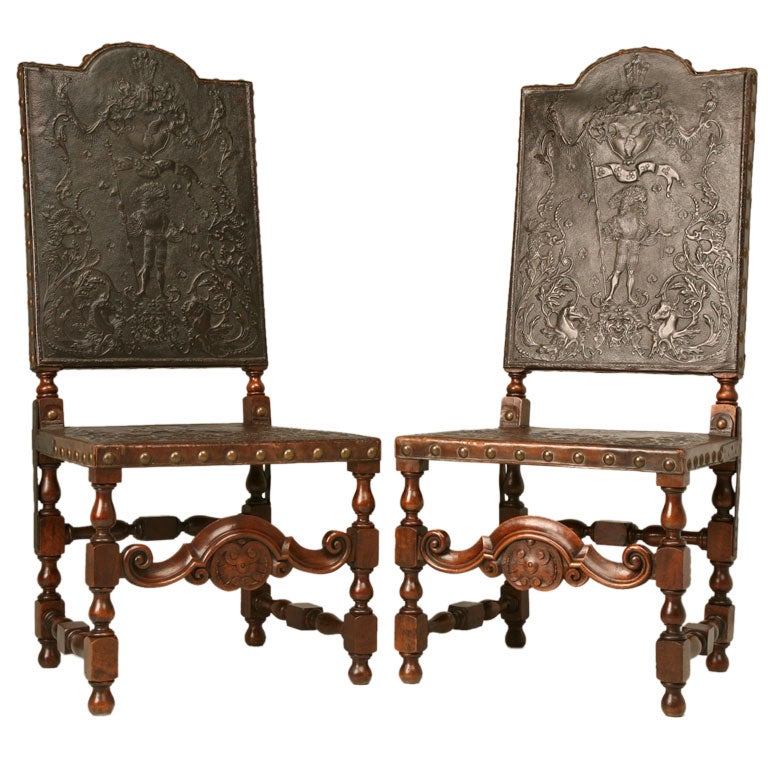 c.1880 Pair of Spanish Walnut and Tooled Leather Side Chairs