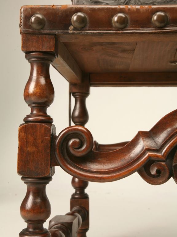 c.1880 Pair of Spanish Walnut and Tooled Leather Side Chairs 5