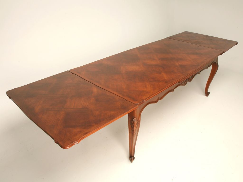 Mid-20th Century Easily Seat 12! French Walnut Draw Leaf Table w/ Parguet Top