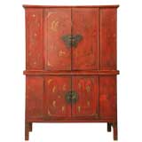 Antique c.1900 Chinese Red Lacquer 2pc "Butterfly" Cabinet