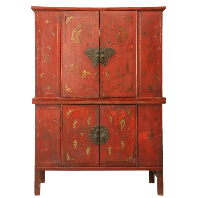 c.1900 Chinese Red Lacquer 2pc "Butterfly" Cabinet
