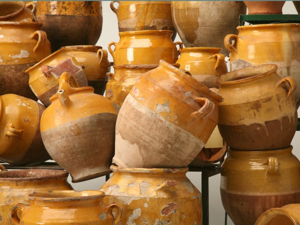 Confit pots with a vibrant honey color and some with a hint of green or rich brown. The color and character can only evolve from the passage of time, the hot Provencal sun and Mother Nature; a look that can't be duplicated by man. In earlier eras,