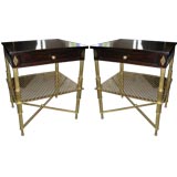 Pair of French Bedside Tables with Brass Lattice work