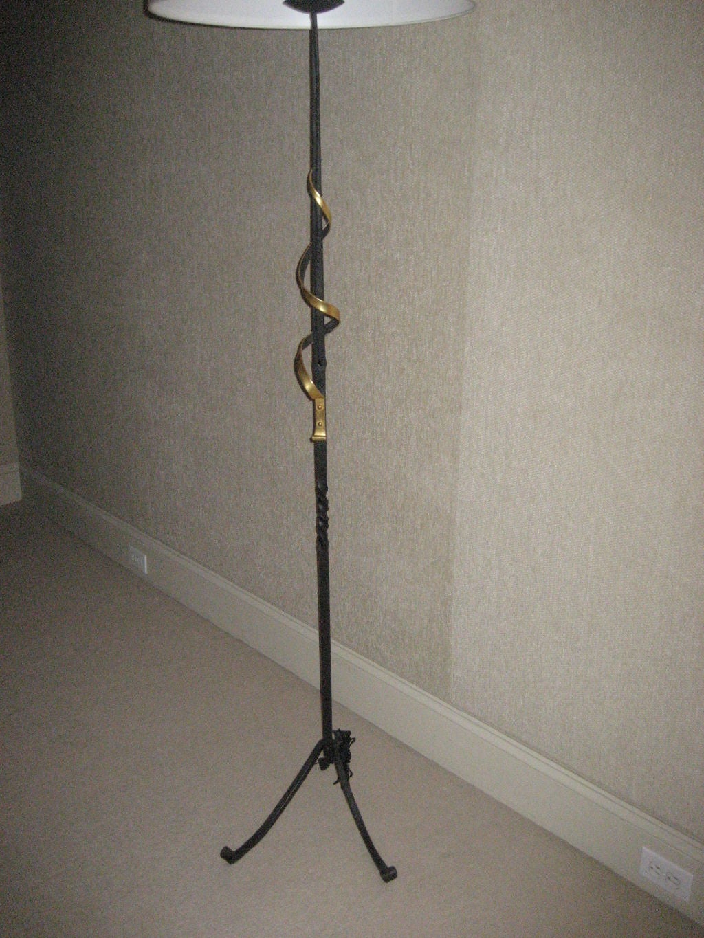 Iron Candlestick converted to a lamp with 22k Gilt Ribbon. Double Cluster with silk cord.<br />
<br />
Extra Large Silk Shade Sold Seperately