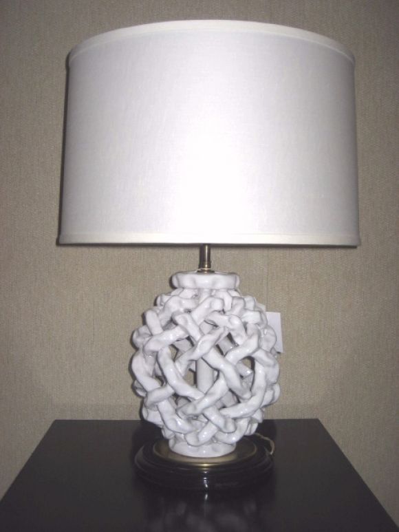 Italy, Pair of Latticino Ceramic Lamps with Brass and Black Lacquered Bases
