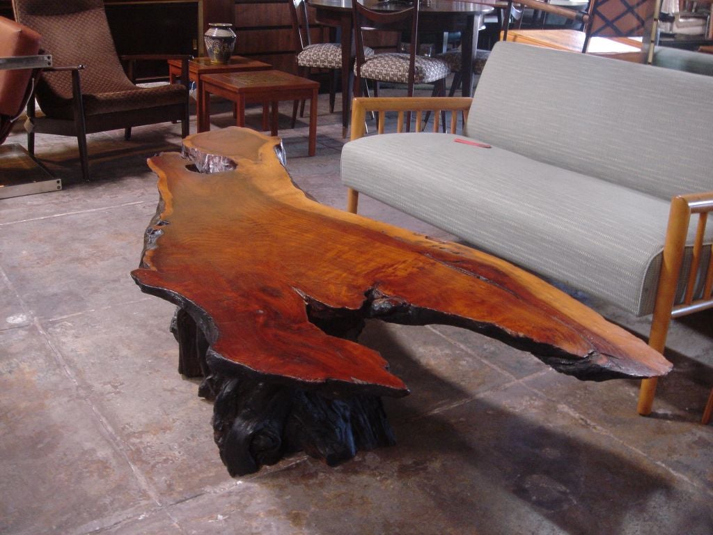 Very organic top on a dark driftwood base, this coffee table is a statement.