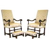 Pair Italian LXIII-Style Walnut Armchairs with accompanying foot
