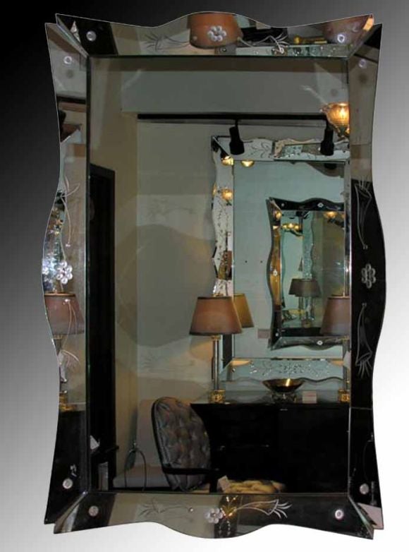 Hand Etched and Beveled Mirror. American 1940's