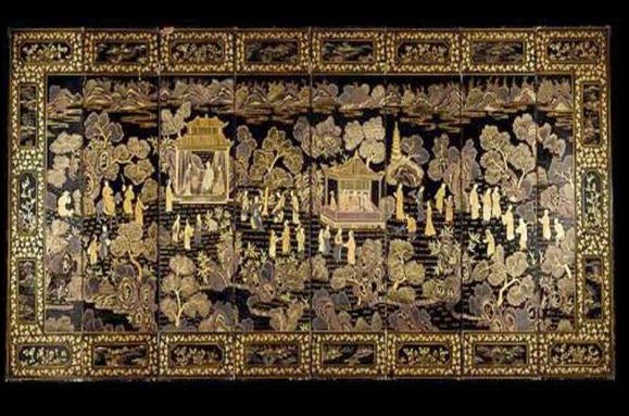 Fine quality early 19th C Chinese export eight panel lacquer screen. Lacquer was invented and perfected by the Chinese. The wood panels are applied with many layers of lacquer, (made from the sap of the Rhus Vernicifera), each one drying and