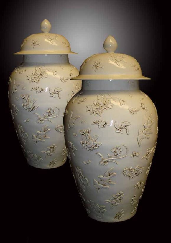Pair Of Blanc de Chine Vases With Covers. Early 20th C
