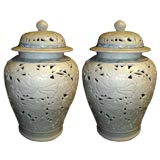 Pair Celadon Openwork Light Vases. Early 20Th Century