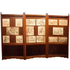 Antique Unique Victorian Three Fold Screen with Prints, circa 1880