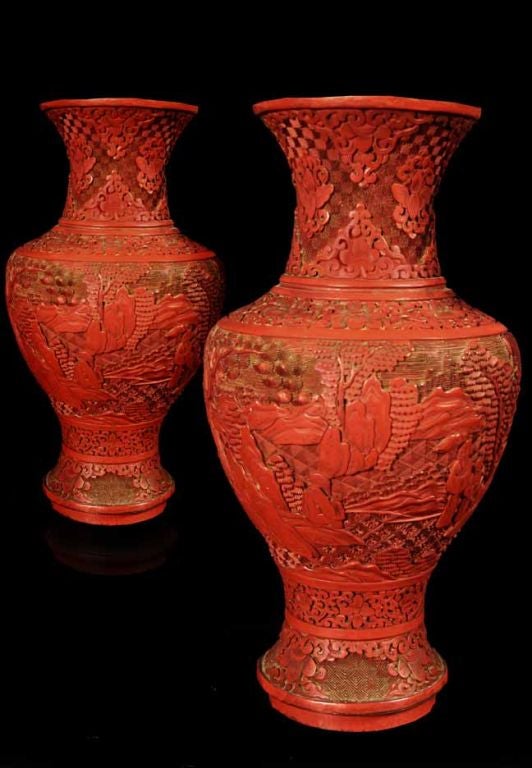 Pair Chinese Cinnabar Lacquer Vases, 19th Century