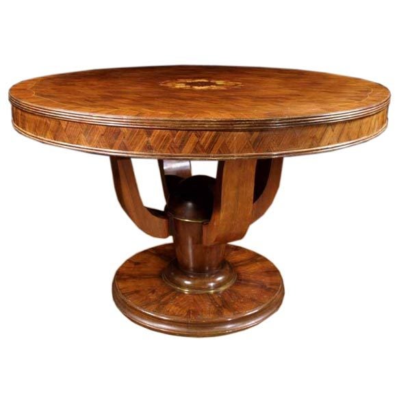 Parquetry and Floral Marquetry Center Table, Style of Leleu, French, 1940 For Sale