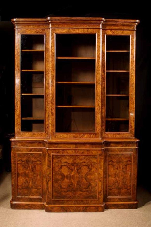 Victorian Burl Walnut Breakfront Cabinet. C 1850