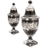 Pair Cut Glass Covered Urns. Circa 1830
