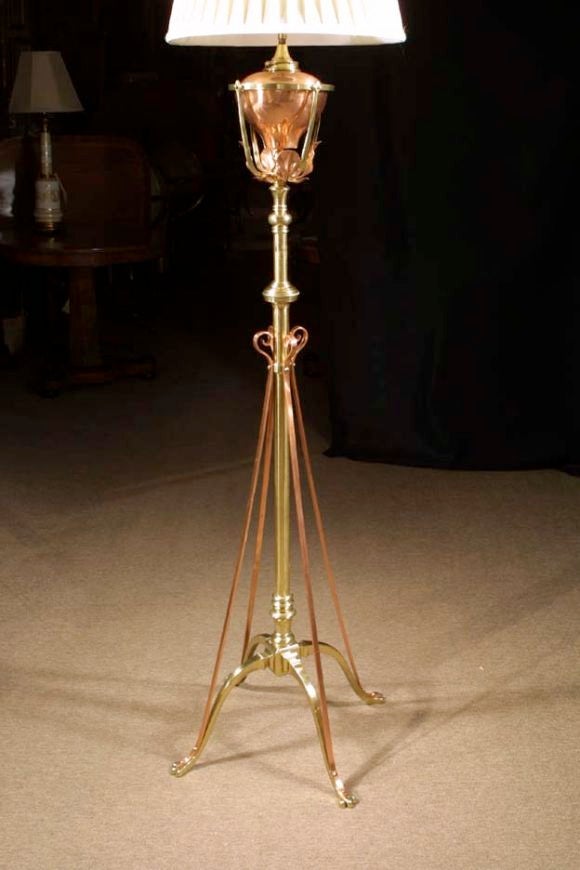 Excellent example of an Arts and Crafts brass and copper standing lamp in the manner of W.A.S Benson. W.A.S. Benson (1854-1942) studied in Oxford and was introduced to both Ruskin, Burne-Jones, and Morris. He opened his first studio in Fulham,