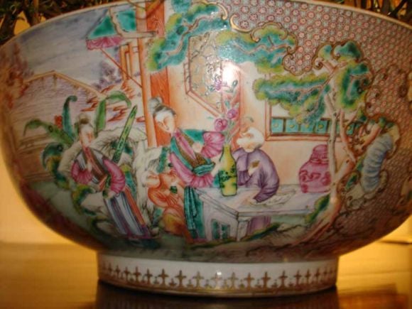 Ceramic Fine Chinese Export Famille Rose Punch Bowl, Late 18th Century
