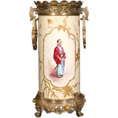 Antique Richly Painted Porcelain Mounted Vase, English Crca 1880
