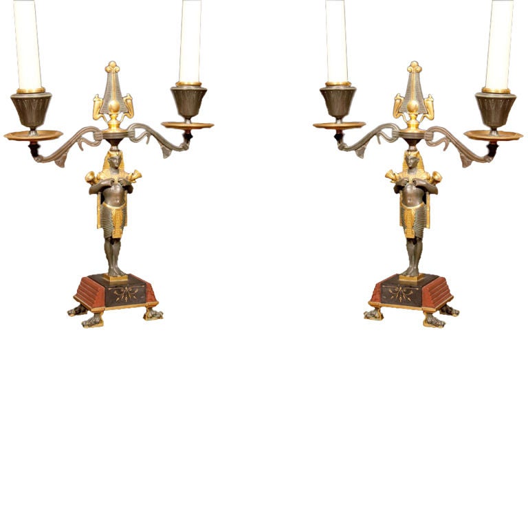 Exotic PAIR  Egyptian Revival Candlesticks.  French Circa 1880