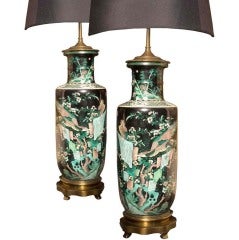 Decorative Pair Chinese Famille Noir Lamps 19th Century