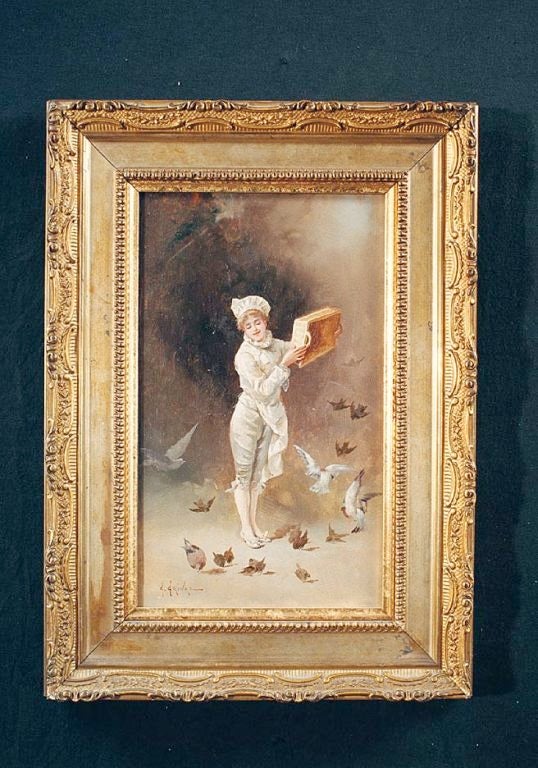 # F174 - A fine oil on board by E. Grivaz. The artist has created a graceful interplay between the amusing bird feeder and the birds. This pleasing subject shows the elegant figure tossing the basket of feed to the birds which are partially in