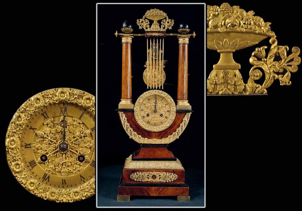 Handsome Charles X Lyre Form Amboyna Wood Table Clock, circa 1825 In Excellent Condition In New York, NY