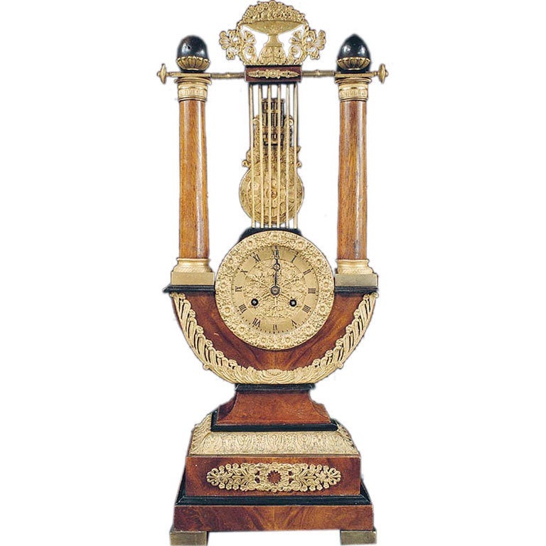 Handsome Charles X Lyre Form Amboyna Wood Table Clock, circa 1825