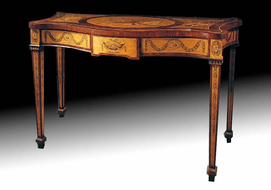 George III style inlaid marquetry satinwood serpentine console. A tour de force of the art of marquetry executed in the neoclassical taste with various exotic timbers including hare wood, stained holly, all enriched with artistic engraved line