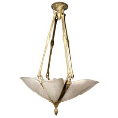 Art Deco Brass 
Molded Glass Chandelier, French Circa 1915