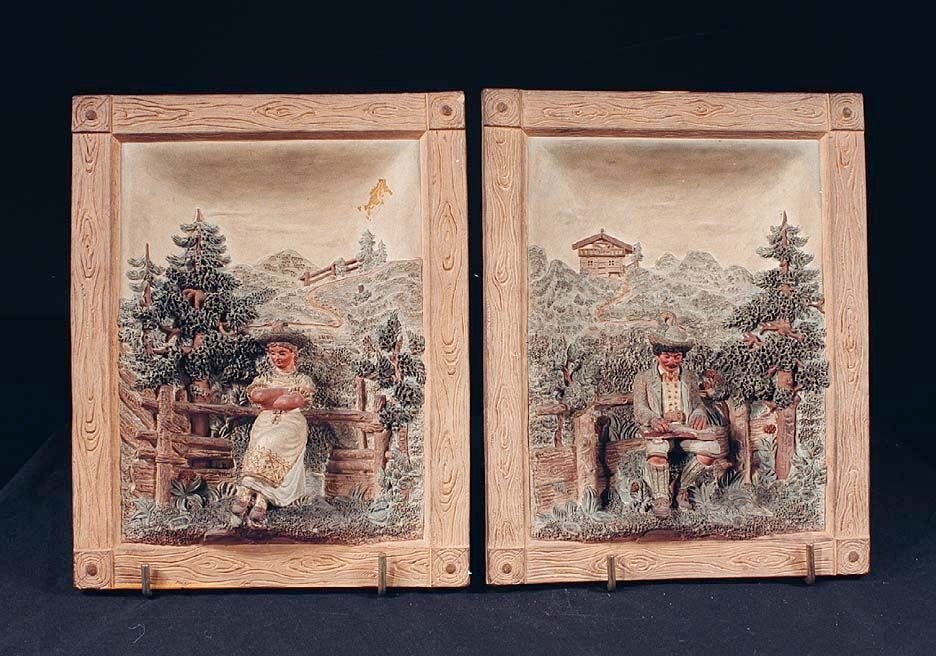 Pair Bavarian Pottery Plaques. Late 19th Century