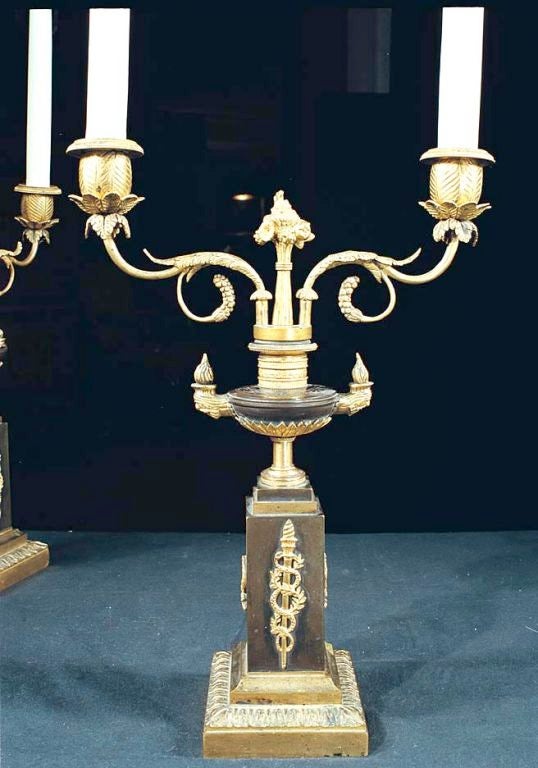 Pair of Regency bronze and gilt two light candelabra. Each with a square pillar centering neoclassical mounts and supporting an urn below a nozzle issuing removable scrolling foliate branches with foliate nozzles. All on a square stepped plinth