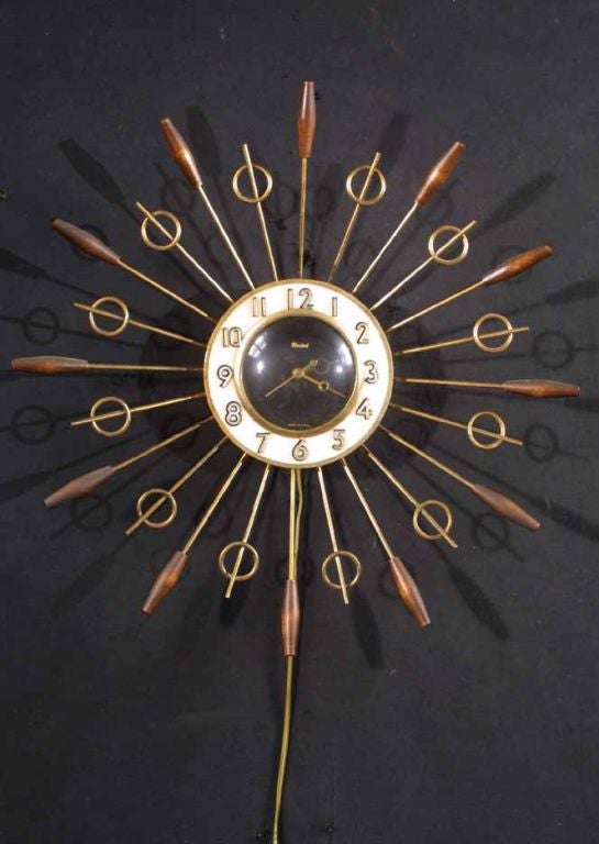 American Late 50s Brass and Walnut Wall Clock