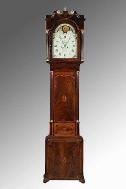 Finely detailed George III inlaid mahogany 8-day long-case clock by Edward Lowe of Chester. The 14-inch arched white painted dial having an arched moon phase with lunar calendar over terrestrial hemispheres, with Roman hours and Arabic minutes