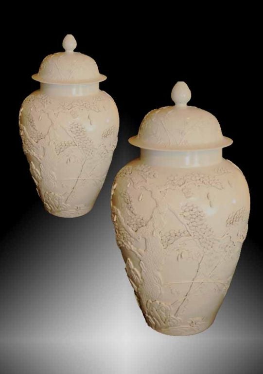 Pair Blanc de Chine Vases With Covers. Early 20th C