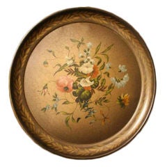 English Round Floral Painted Tray