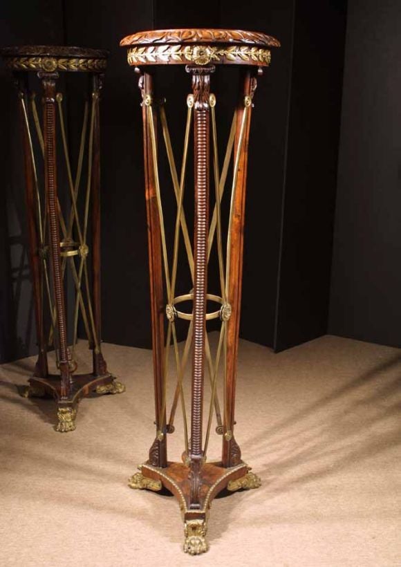 Refined Pair Regency Rosewood and Metal Mounted Torcheres Circa 1820